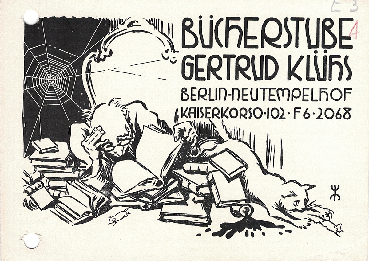 Werbepostkarte der Bücherstube von Gertrud Klühs, 1933–1936, Landesamt für Bürger- und Ordnungsangelegenheiten, Gertrud Klühs, Reg. Nr. 15298